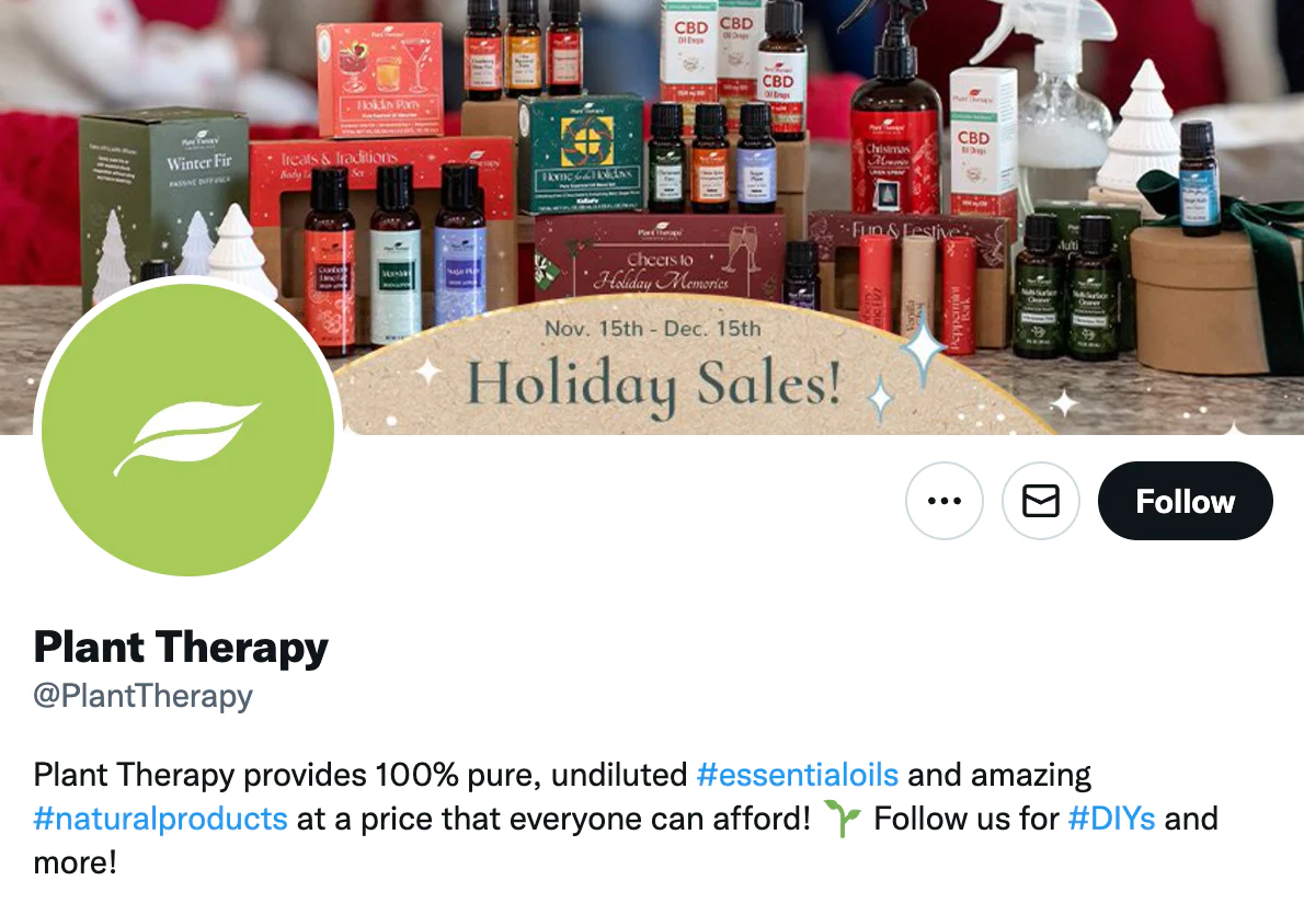 Header of a Twitter page for Plant Therapy featuring a holiday banner