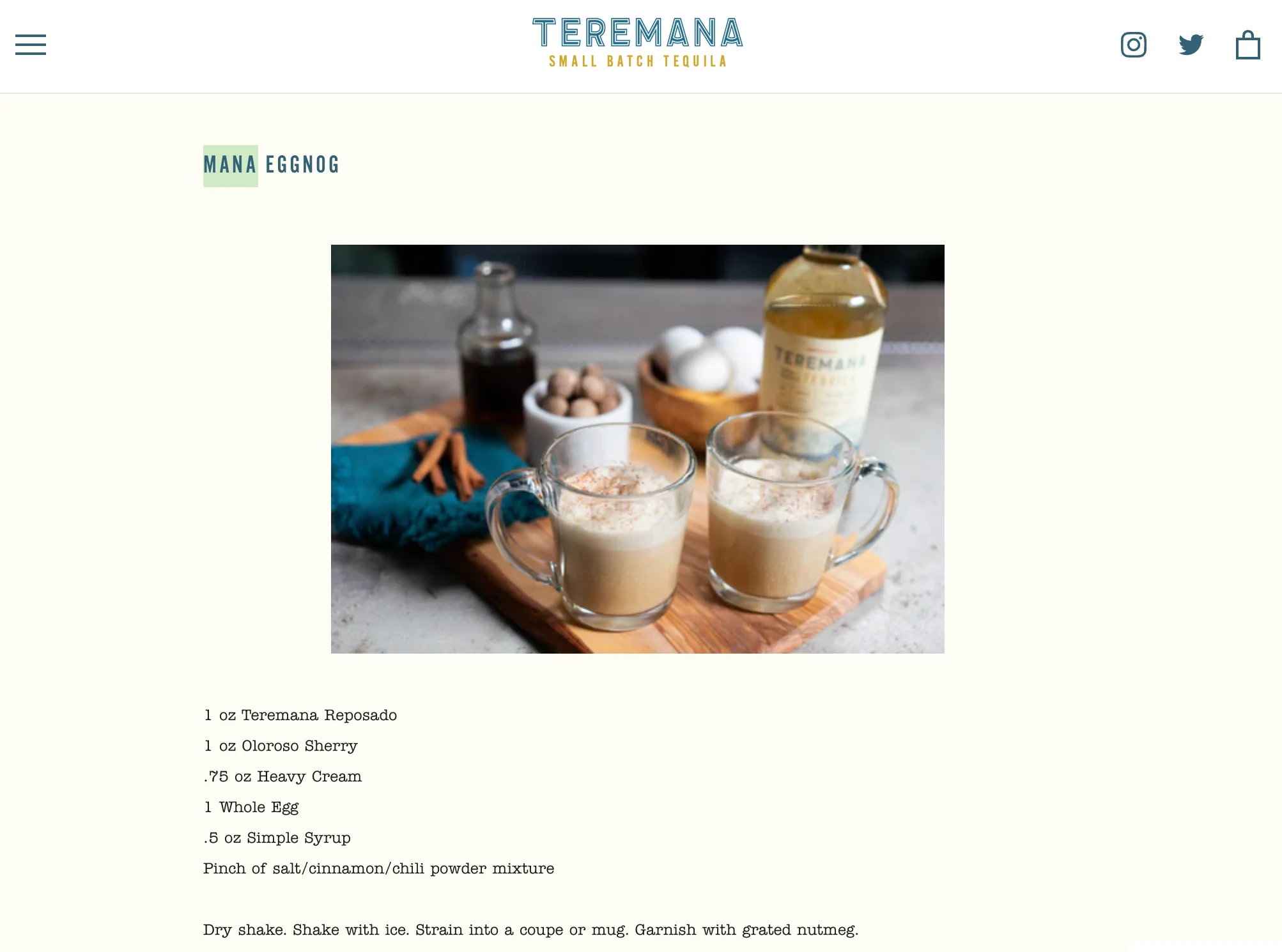Webpage featuring a cocktail recipe