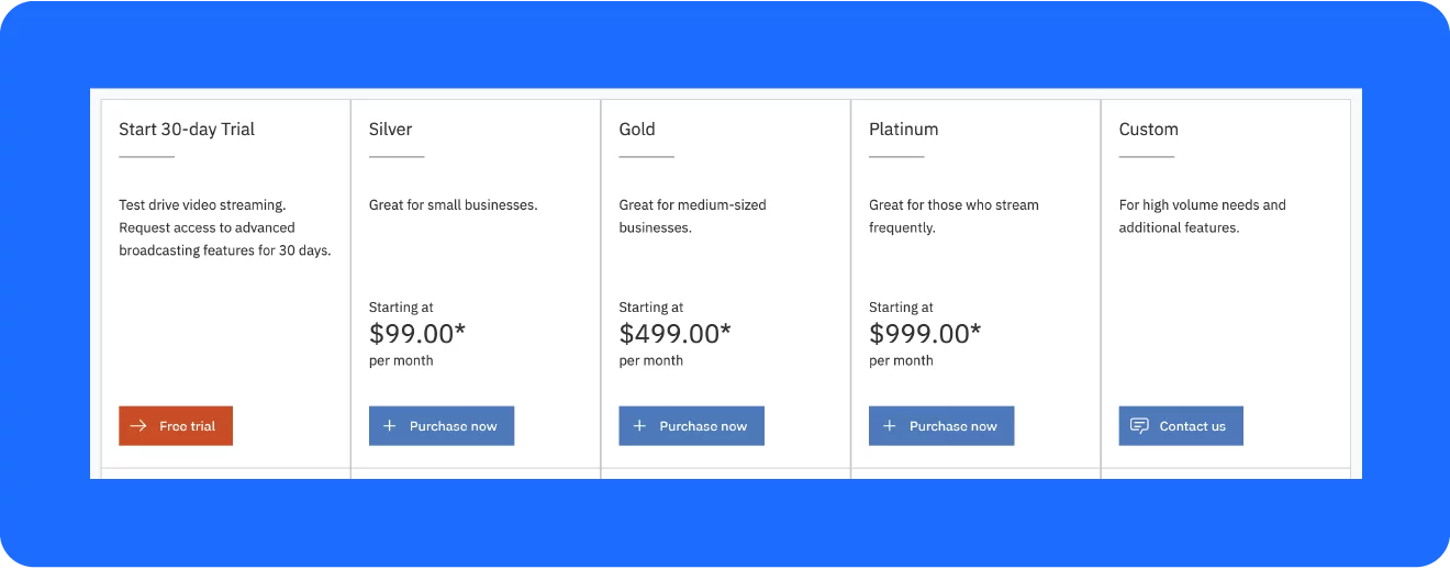 Uno screenshot dei prezzi di IBM Cloud.
