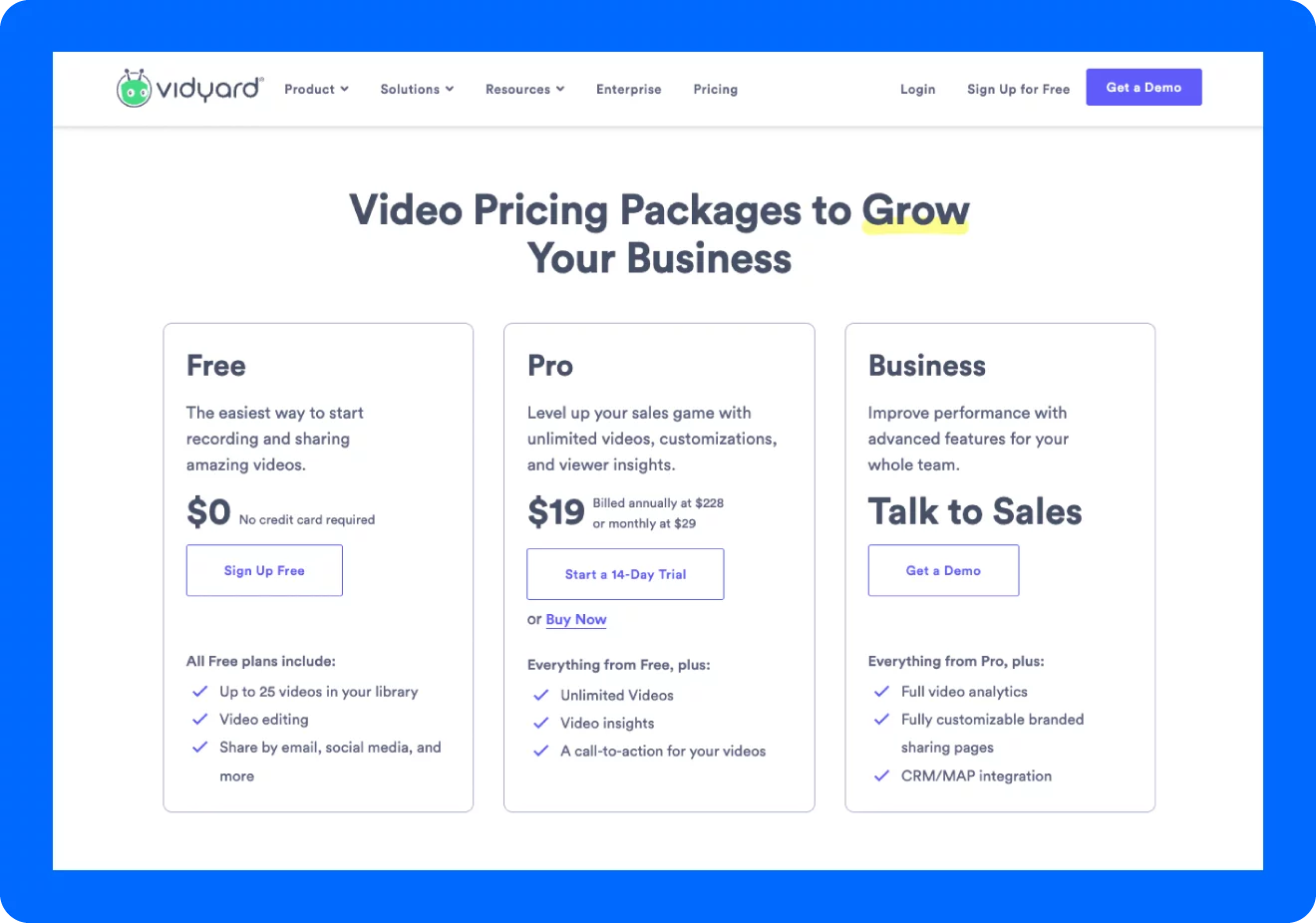 Una captura de pantalla de las opciones de precios que ofrece una alternativa de Dacast llamada Vidyard.