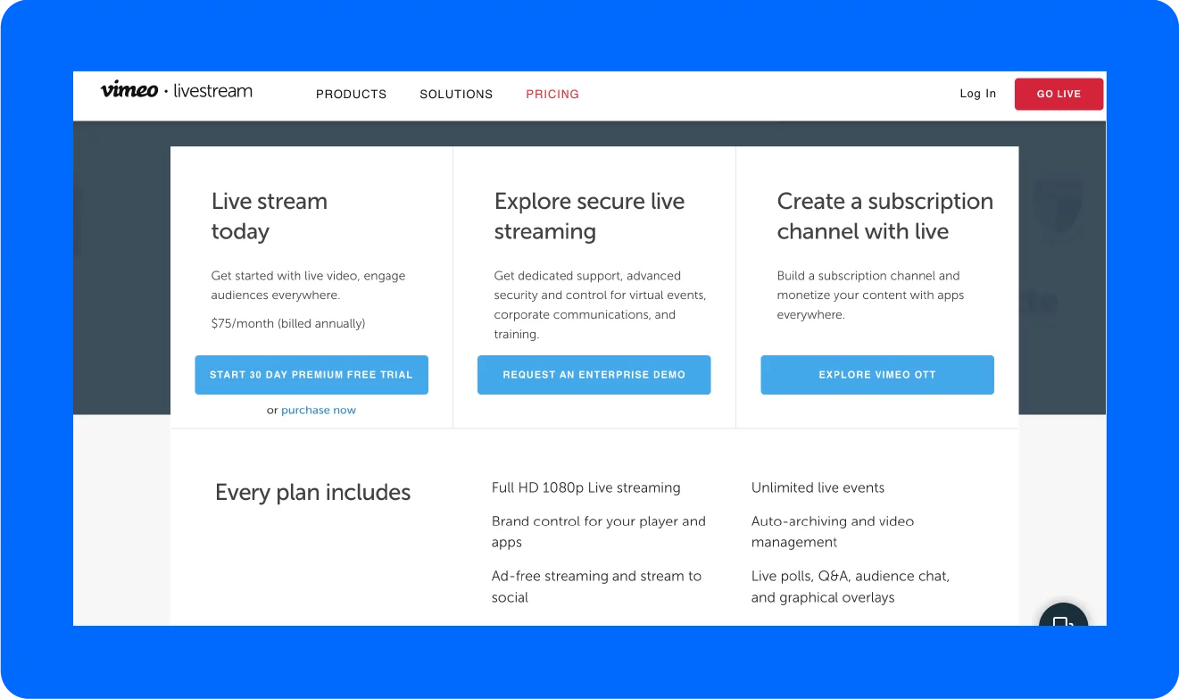 Una captura de pantalla de las opciones de precios que ofrece una alternativa de Dacast llamada Livestream.