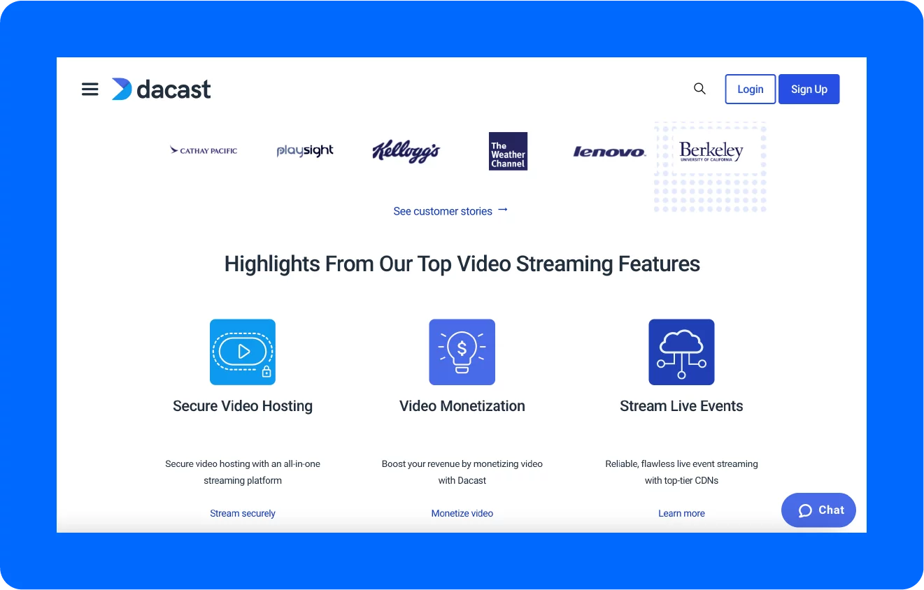 Ein Screenshot einer Live-Streaming-Plattform namens Dacast.
