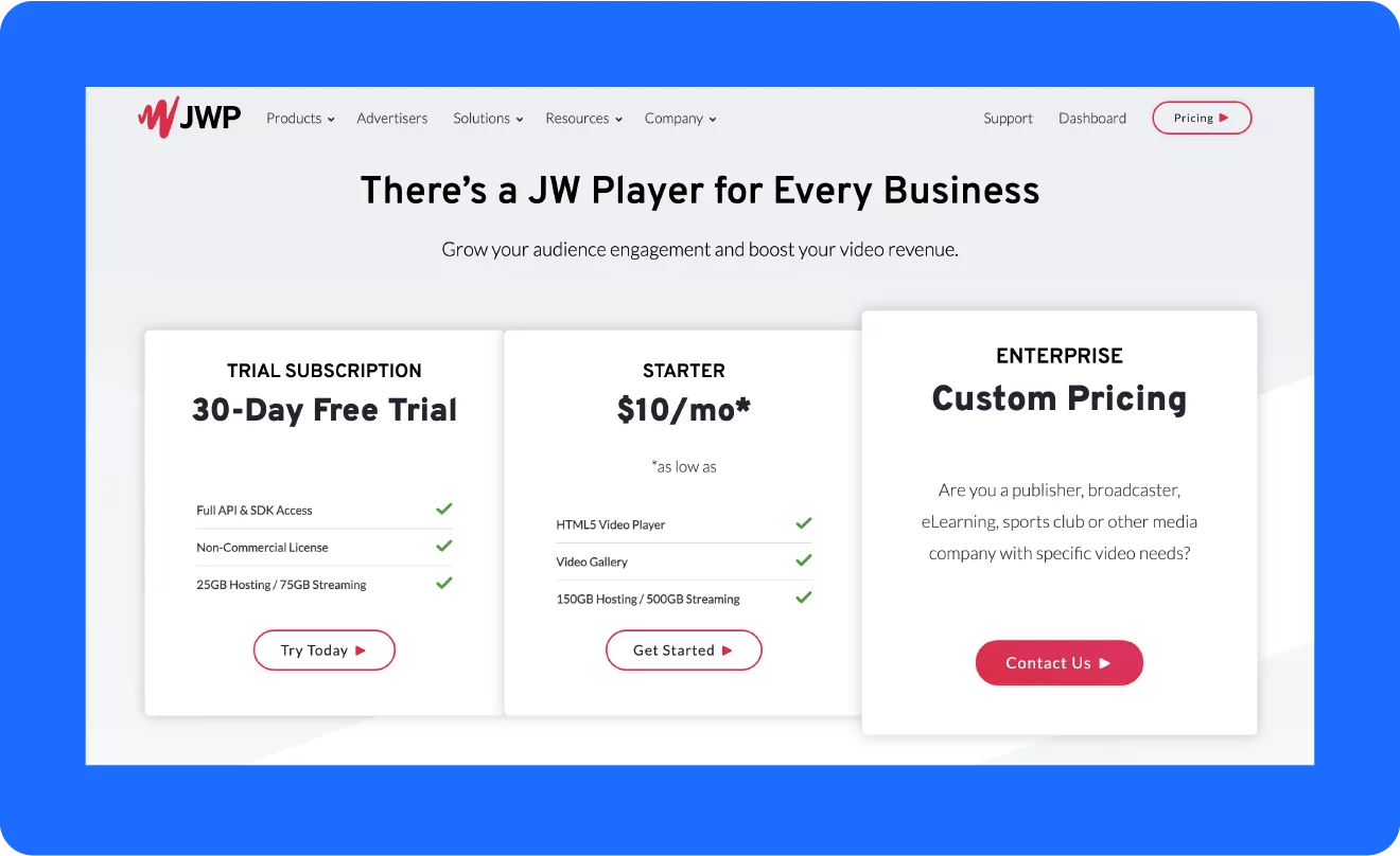JW Player라는 Dacast 대안이 제공하는 가격 옵션의 스크린샷.