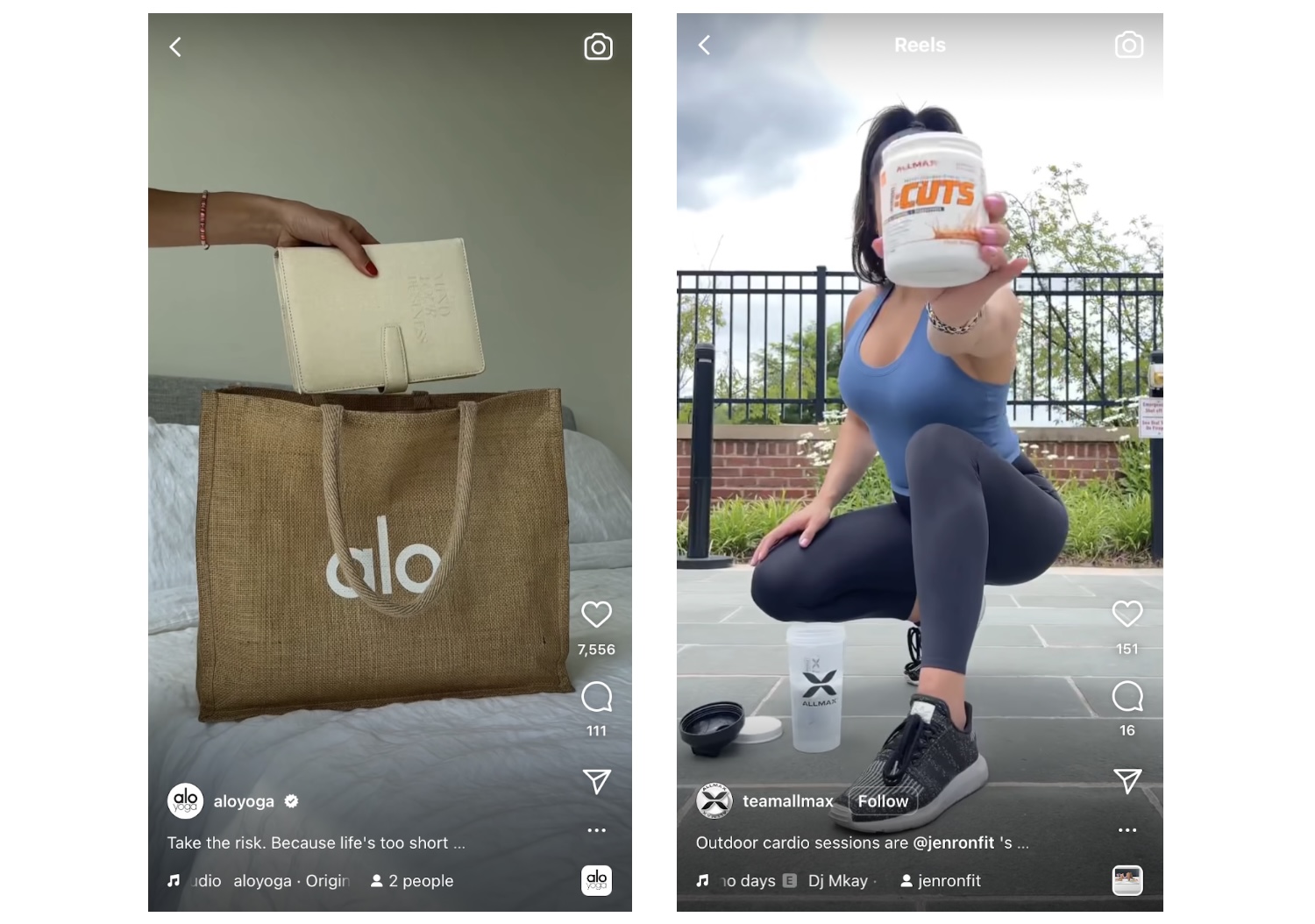 لقطات شاشة Instagram Reel من Alo Yoga و AllMax Nutrition