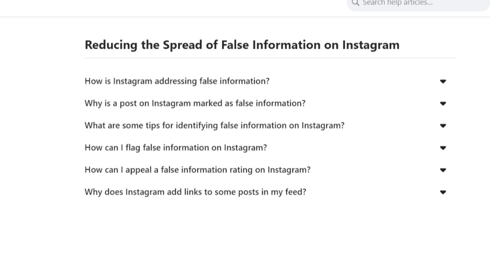 ภาพหน้าจอของส่วนคำถามที่พบบ่อยของ Instagram เกี่ยวกับข้อมูลที่เป็นเท็จ