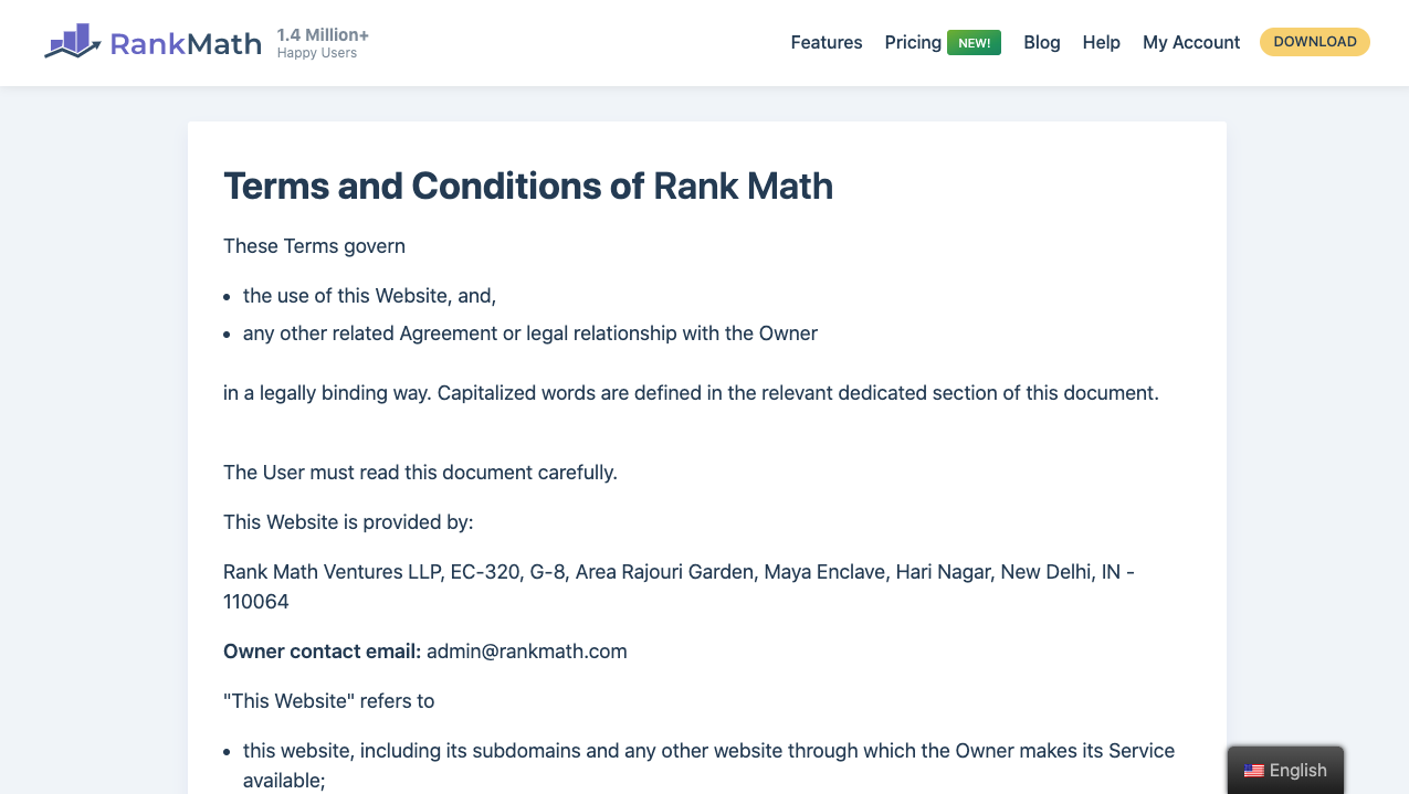 Strona z regulaminem Ranking Math