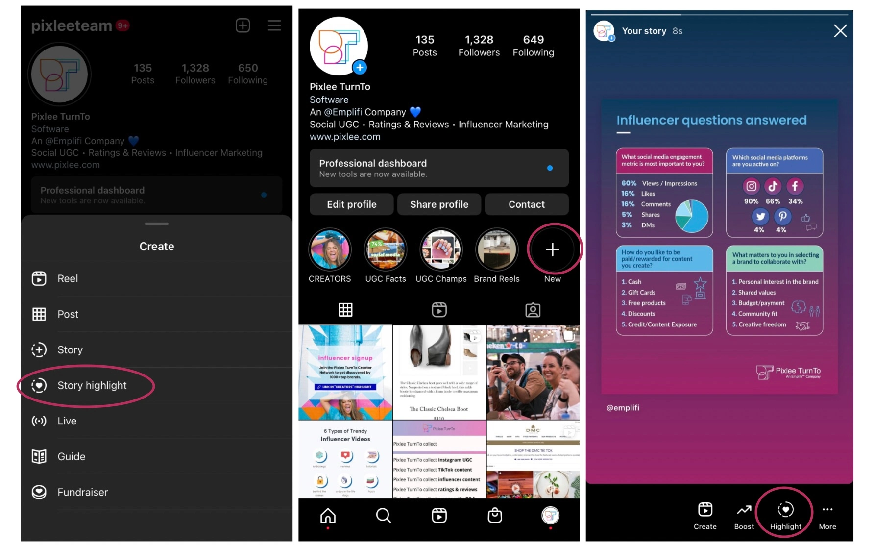 Captură de ecran cu diferite butoane de pe Instagram pentru a adăuga evidențieri