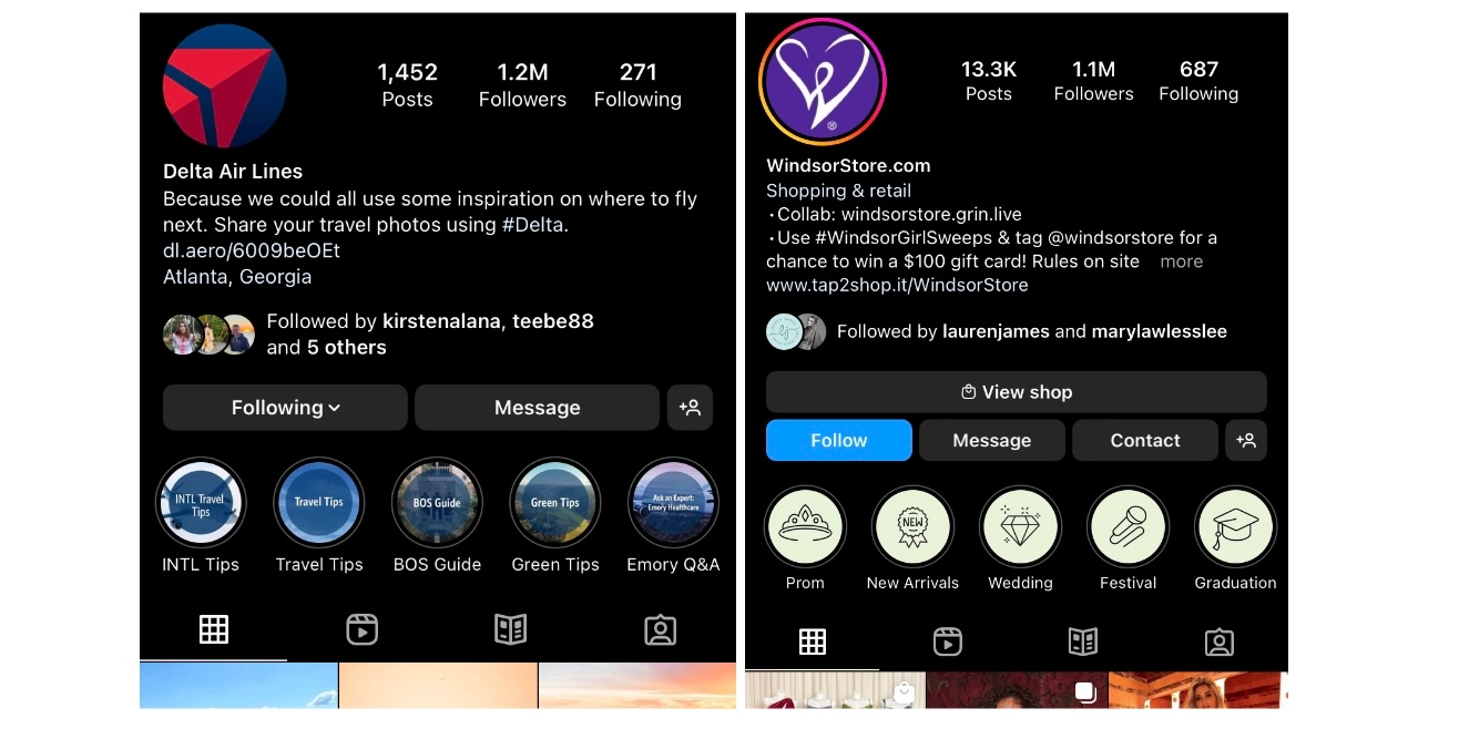Captură de ecran a profilurilor Instagram ale Delta și Windsor