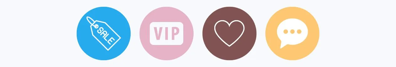 Empat ikon contoh: label harga, VIP