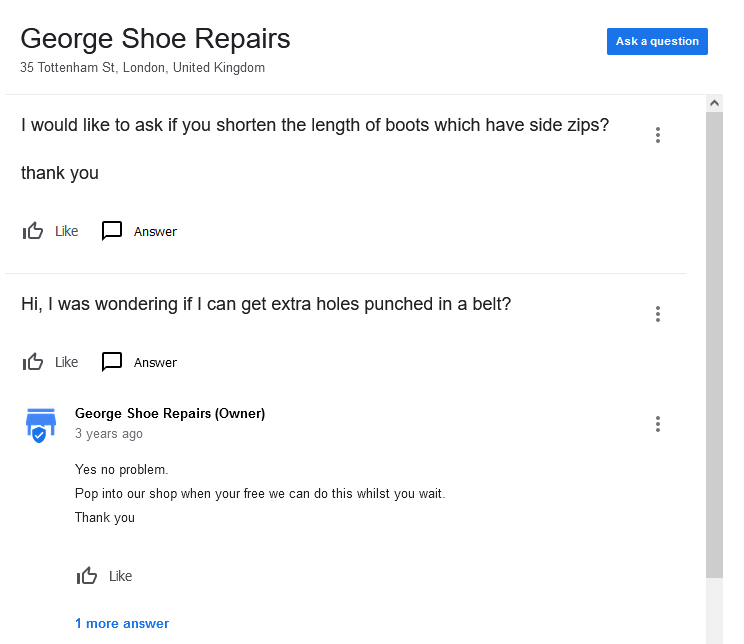Questions et réponses sur la réparation de chaussures George