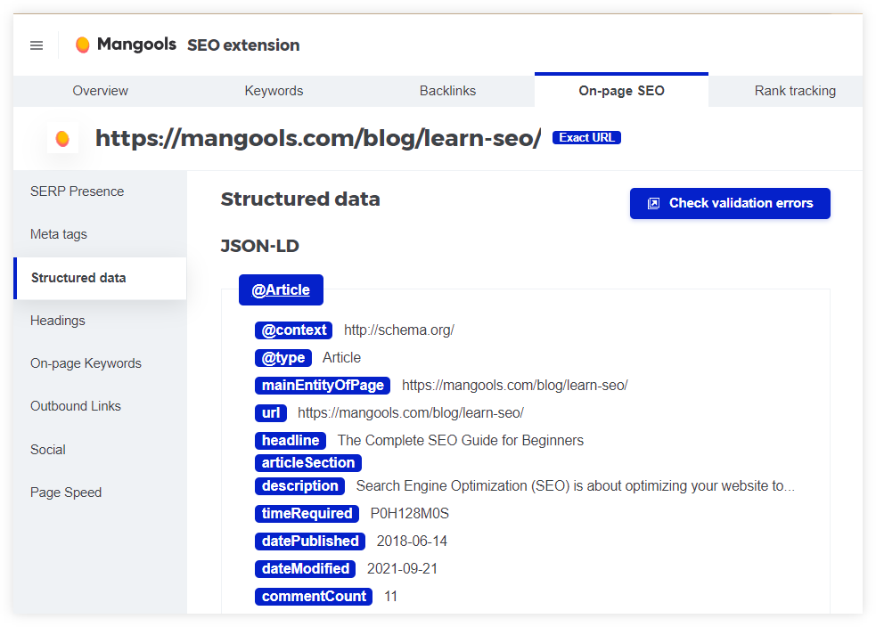 mangools seo extension on-page seo tab données structurées