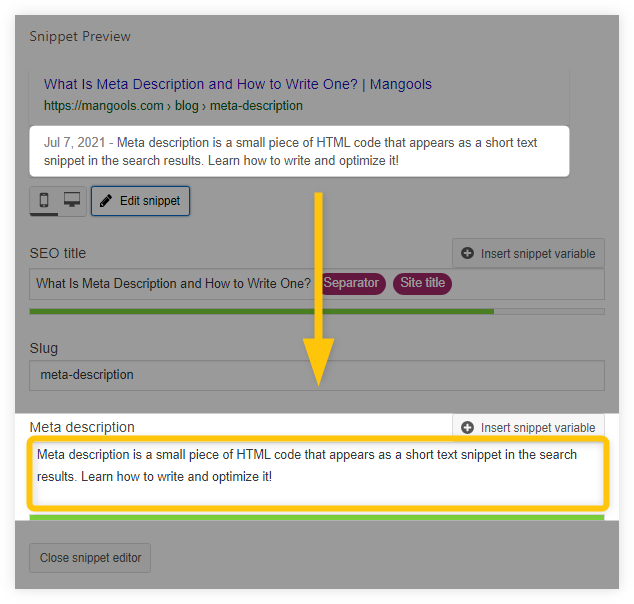 Modification de la balise HTML meta description dans le plugin Yoast SEO - exemple
