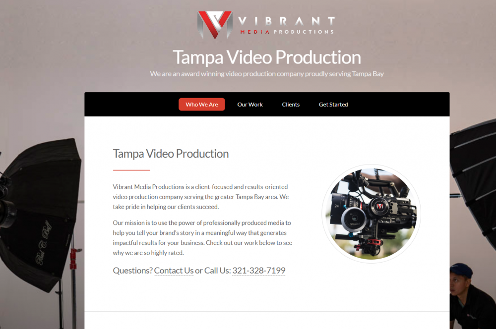Exemplo de página de destino de produção de vídeo/fotografia