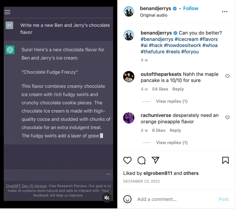 Instagram Reel da Ben & Jerry's mostrando o uso de IA