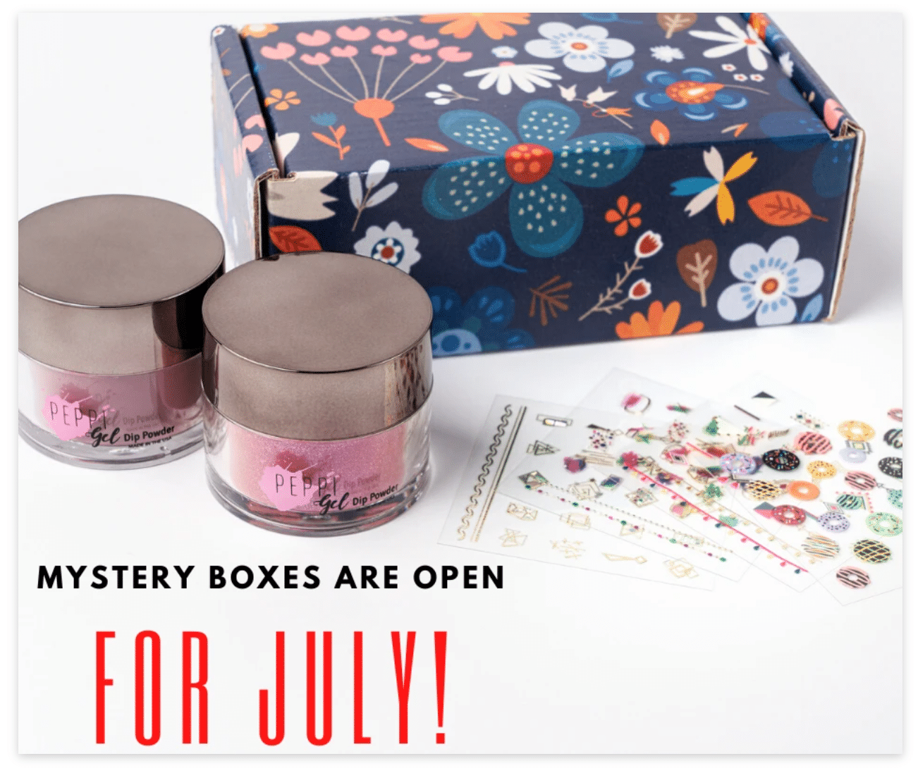 colorful mystery box with decorative paper and powder samples in little jars
