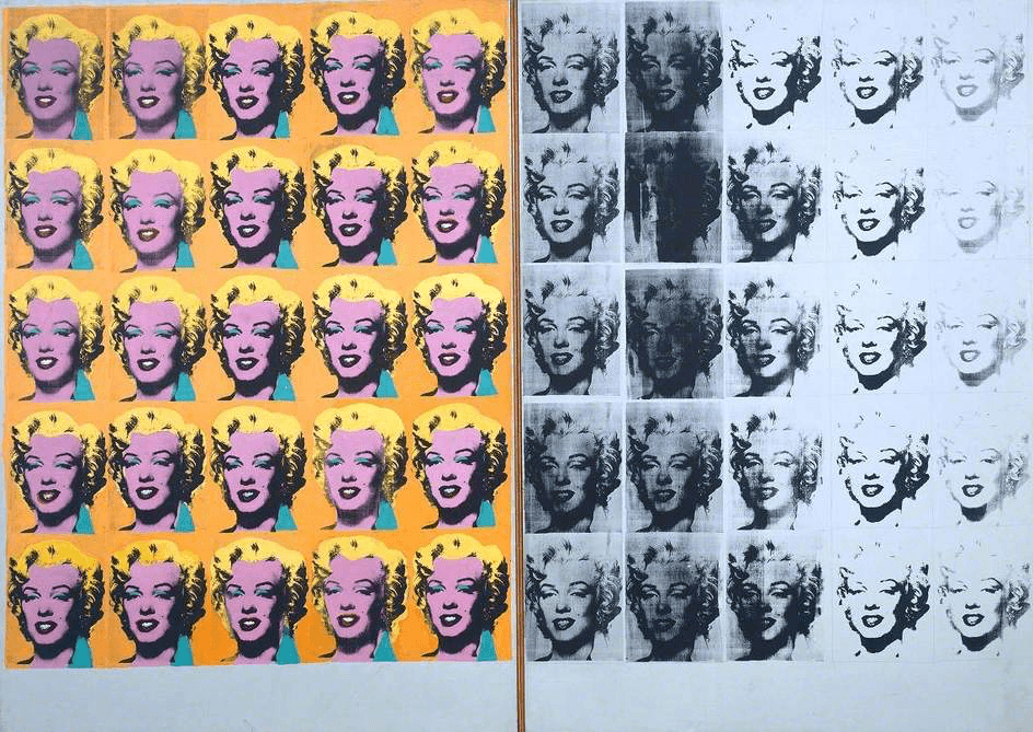 Andy Warhol'un 1962'den Marilyn Diptych'i. Marilyn Monroe'nun tekno renkli renklerde kendini tekrar eden ikonik bir vesikalık fotoğrafına sahip.
