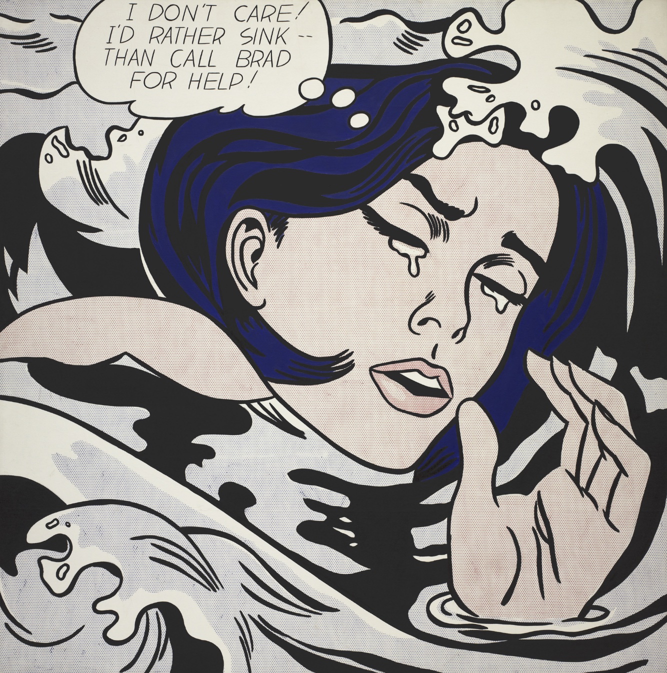 Roy Lichtenstein の Drowning Girl — 上の漫画の泣いている女性の画像が特徴です。