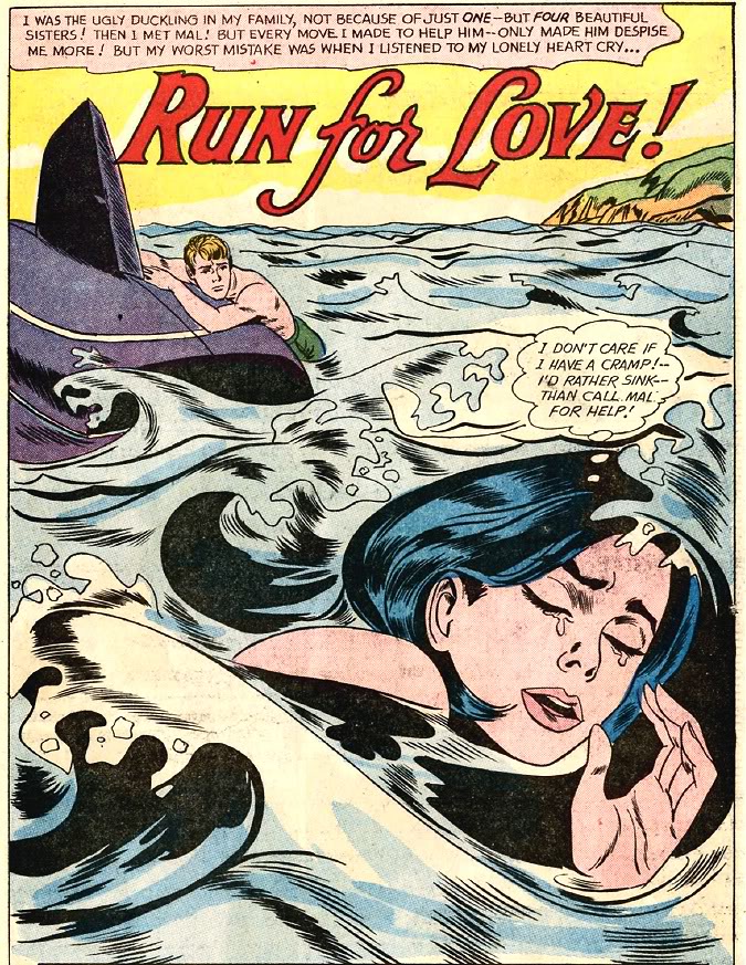 Una imagen del cómic Secret Hearts no. 83, noviembre de 1962. Presenta las palabras "¡Corre por amor!" en letra grande en la parte superior con un hombre descansando en un submarino y una mujer llorando en primer plano.
