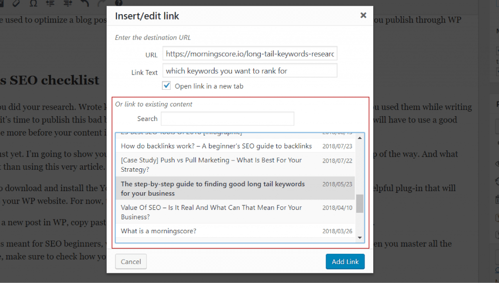 Internal linking example for WordPress SEO in the Classic Editor