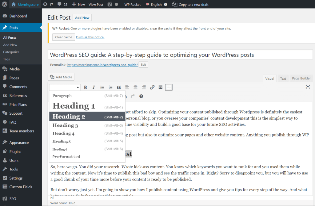 SEO of a WordPress post by use of headings that provide structure - Classic Editor