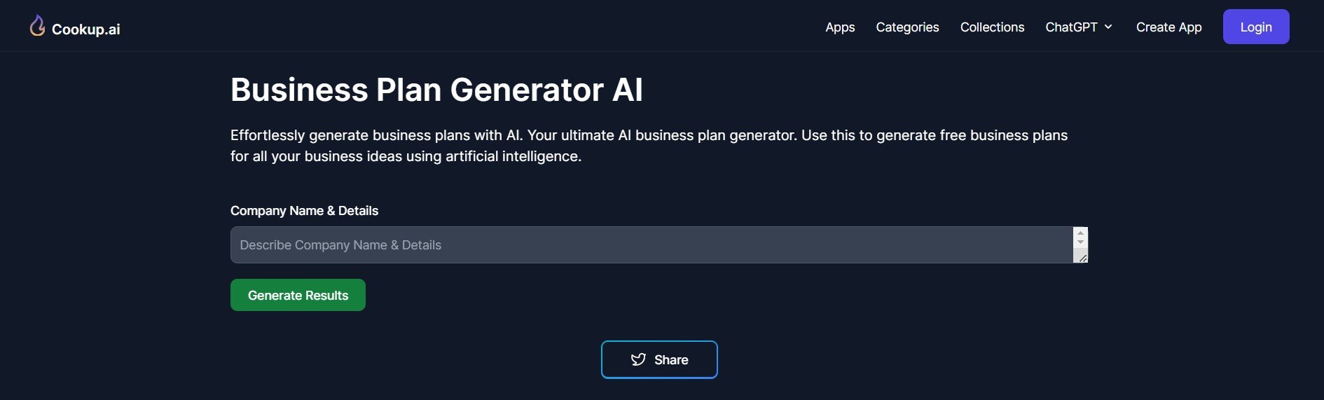 Pagina del generatore di piani aziendali AI di Cookup