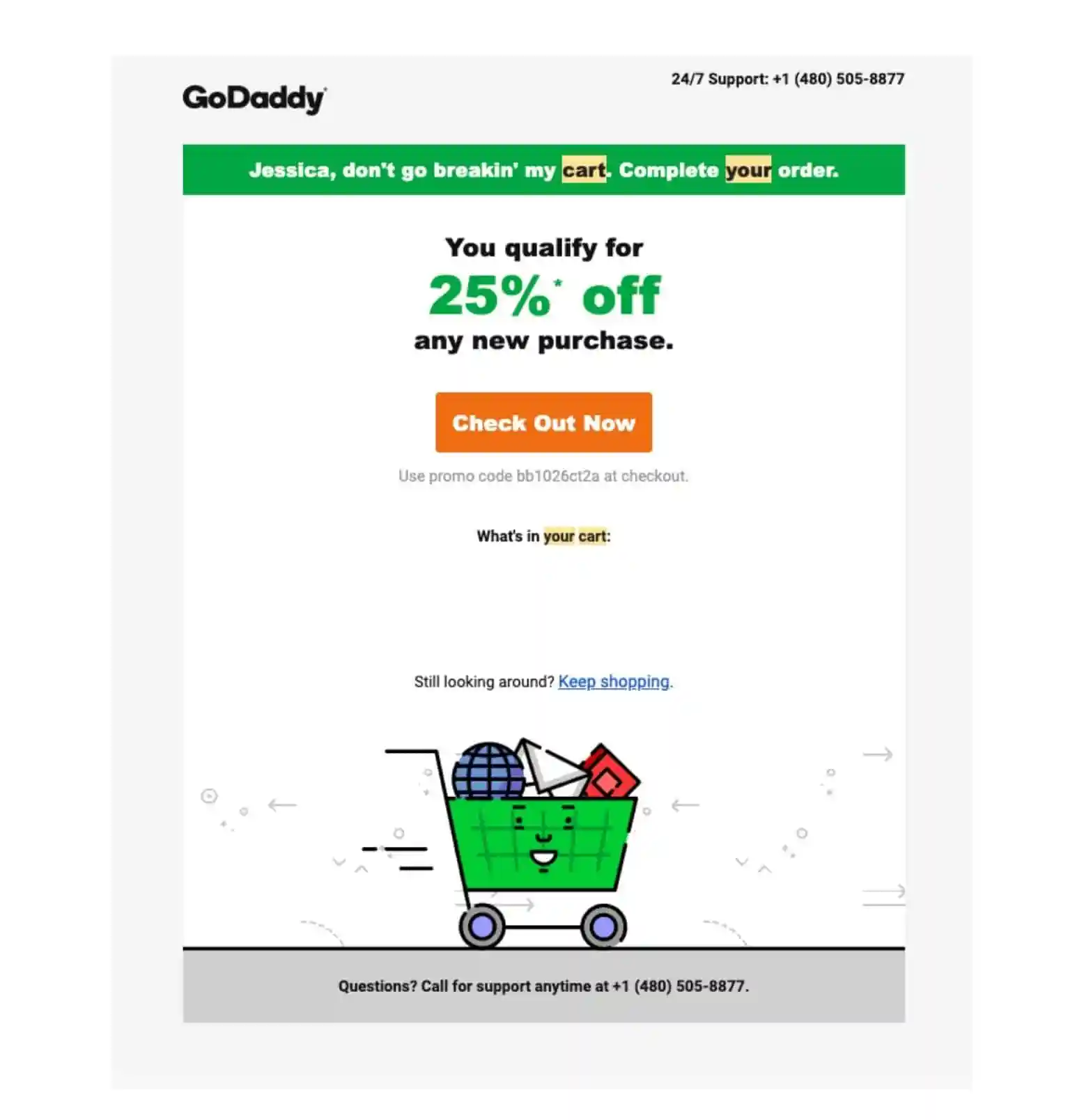 مثال على البريد الإلكتروني للتخلي عن سلة التسوق مع خصم من GoDaddy