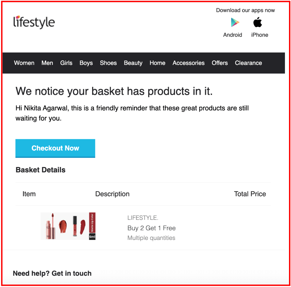Exemple d'e-mail d'abandon de panier par Lifestyle Stores