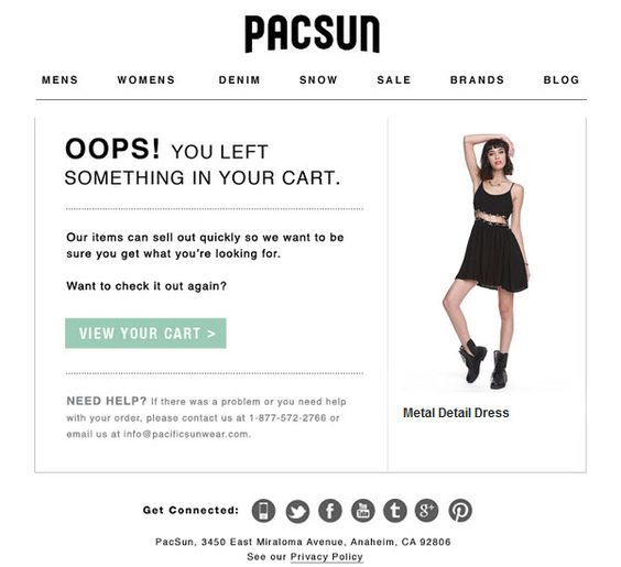 Pacsun tarafından terk edilmiş alışveriş sepeti e-postası