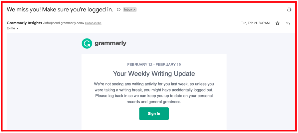 Te extraño recordatorio por correo electrónico de Grammarly