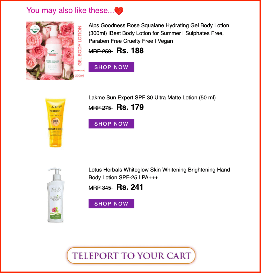 recomendación de producto en el correo electrónico del carrito de compras