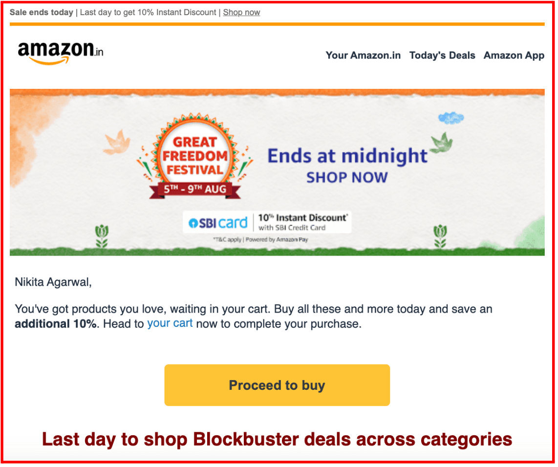 ejemplo de correo electrónico de abandono de carrito de comercio electrónico de Amazon India