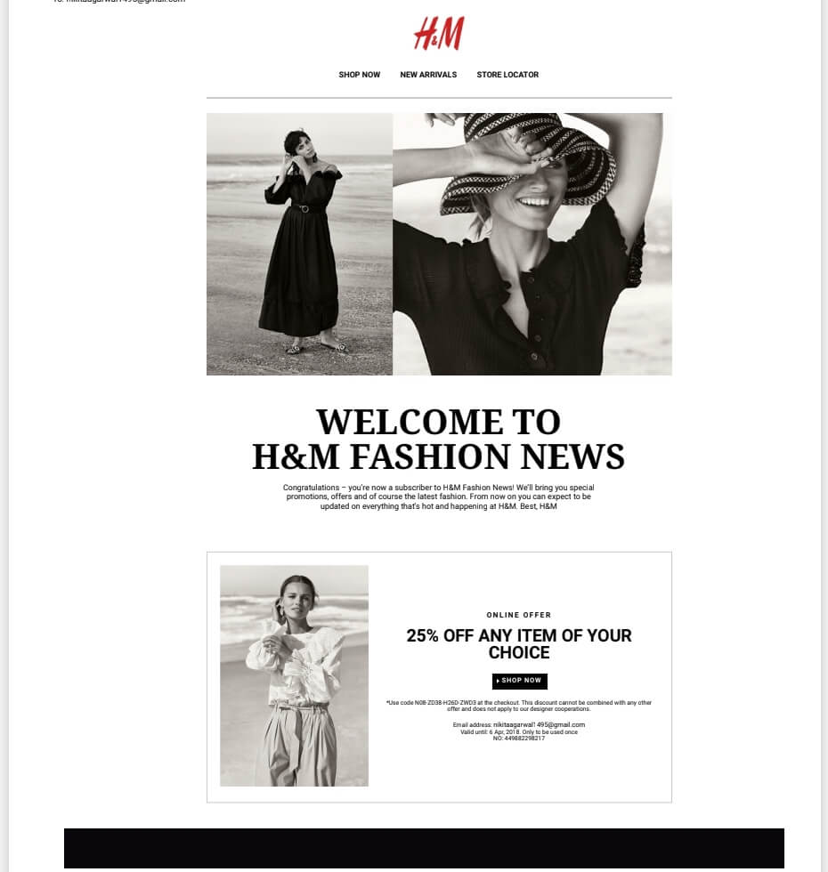 مثال على البريد الإلكتروني للتجارة الإلكترونية من H&M fashion