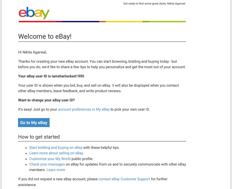 Exemplu de e-mail de bun venit pentru comerțul electronic de la eBay