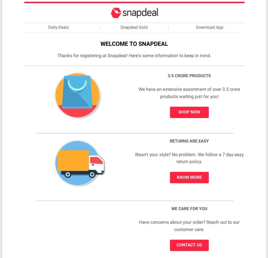 E-mail de bienvenue pour les entreprises de commerce électronique Snapdeal