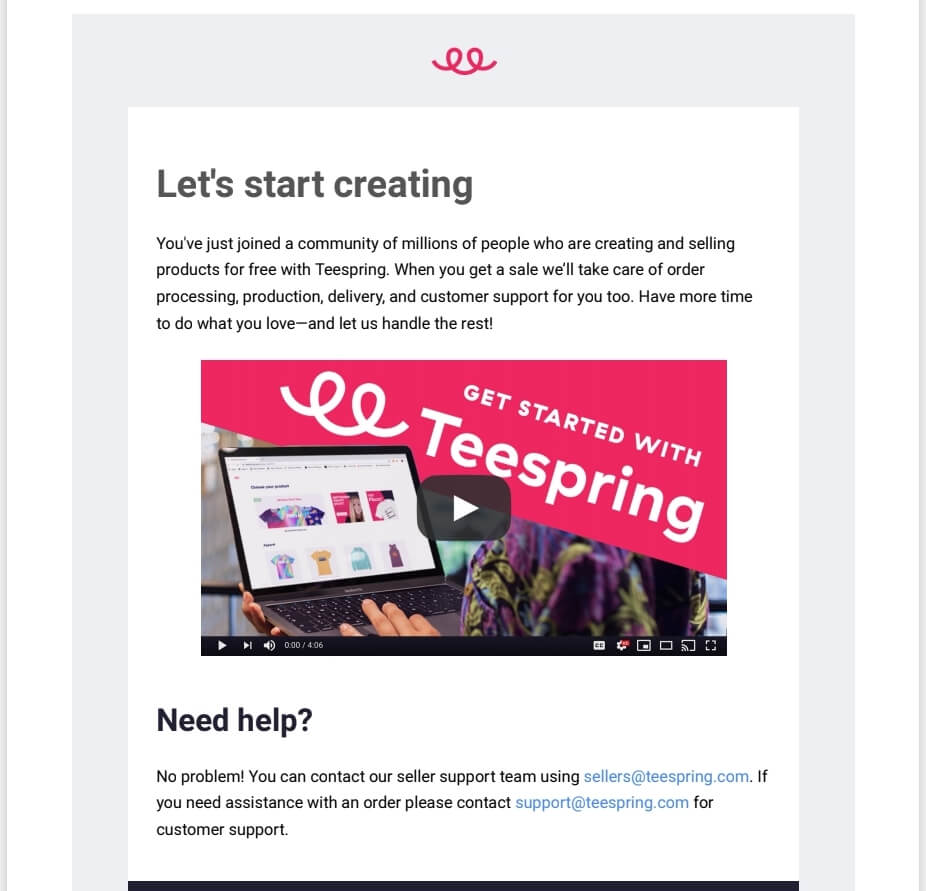 Teespring 欢迎电子邮件示例