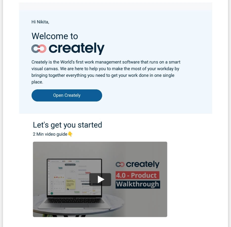 Exemple d'e-mail de bienvenue Creately pour le commerce électronique
