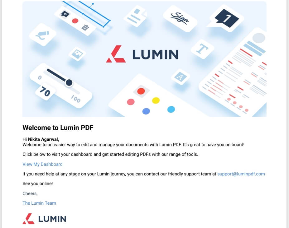 Lumin PDF رسالة ترحيب بالبريد الإلكتروني