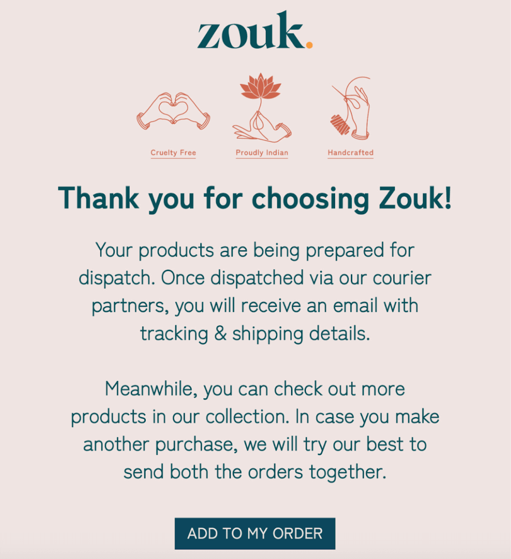 Exemple d'e-mail de confirmation de commande de Zouk
