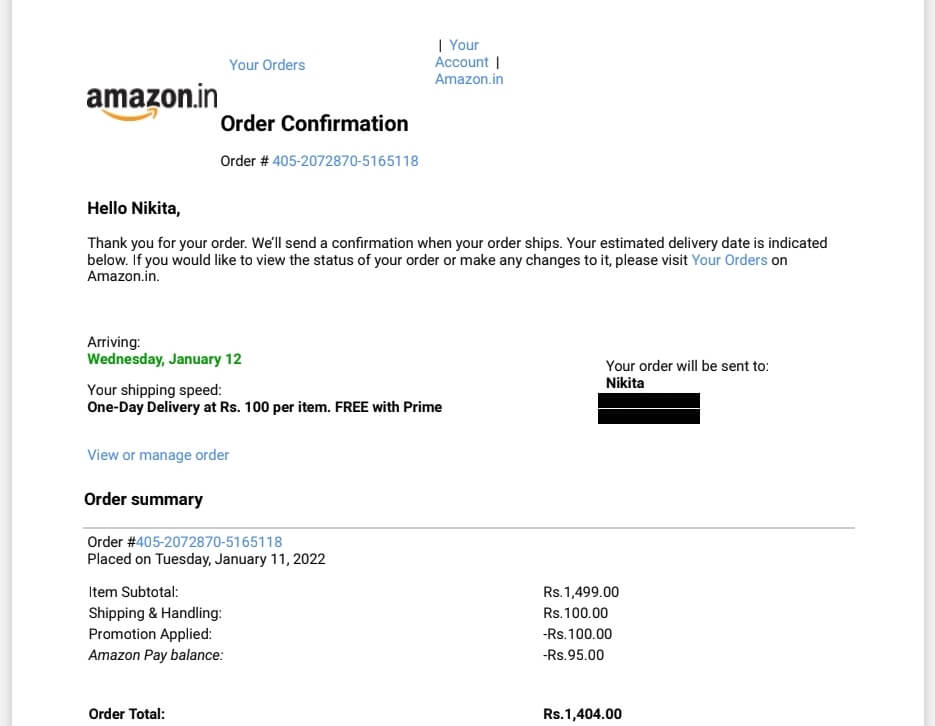 E-mail de confirmação de pedido de comércio eletrônico da Amazon