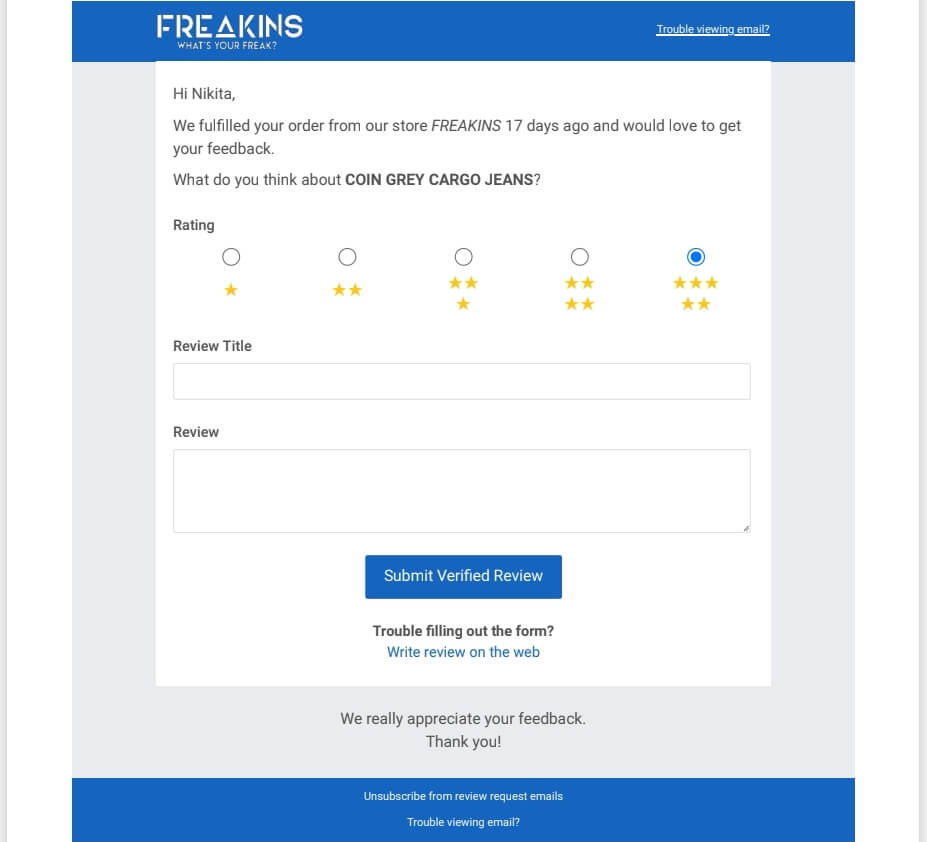 e-mail di richiesta di revisione e-commerce da Freakins