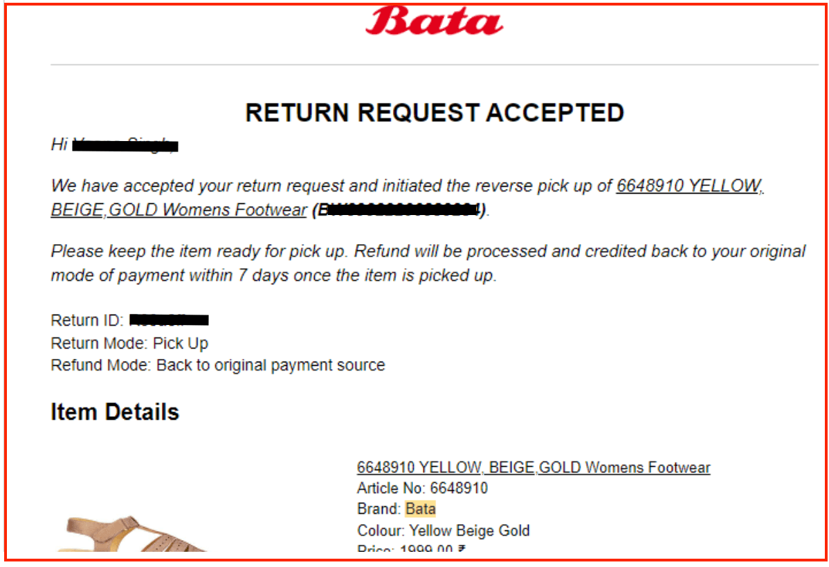 Электронное письмо с подтверждением запроса на возврат Bata