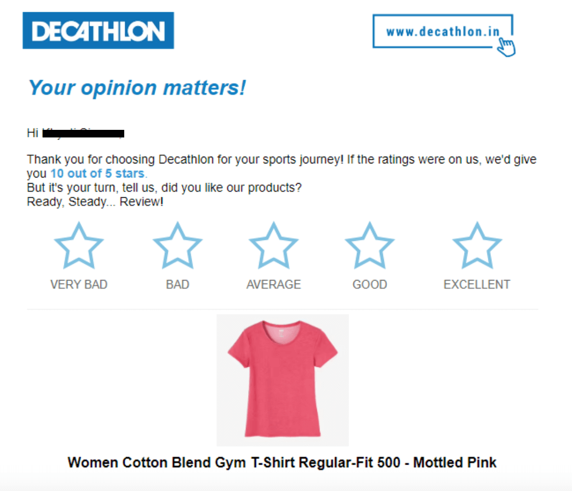 E-mail de avaliação do produto Decathlon
