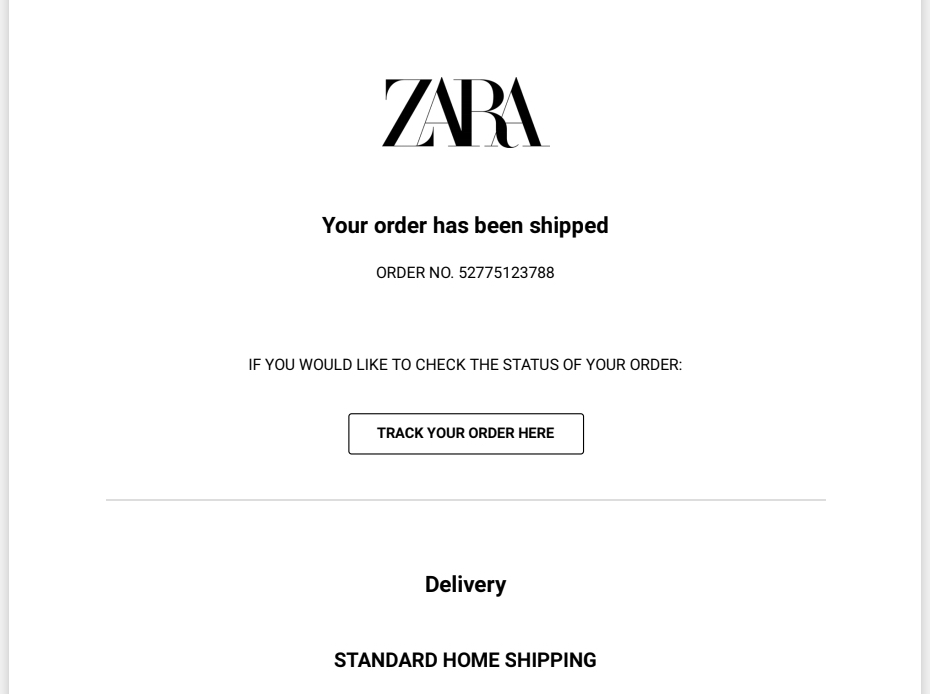 Zara - แคมเปญอีเมลหลังการซื้อ