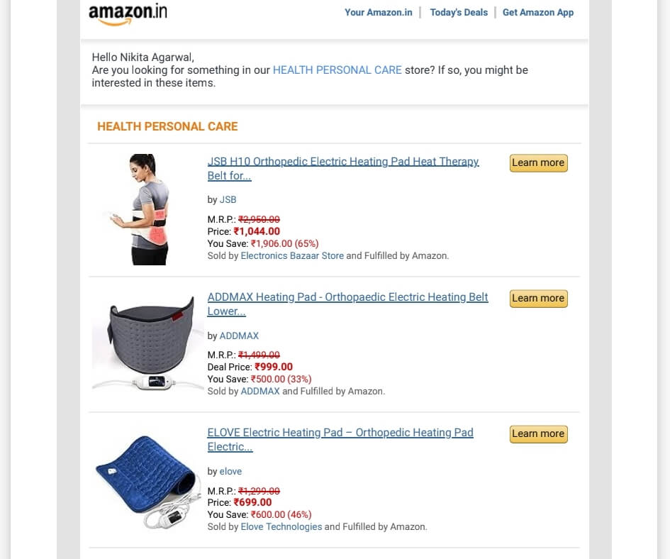 ตัวอย่างอีเมลแนะนำของ Amazon