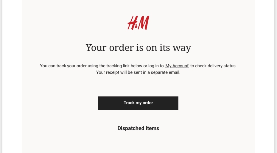 Пример письма с подтверждением доставки от H&M