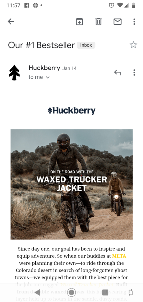 Huckberry からのモバイル フレンドリーなメールの例