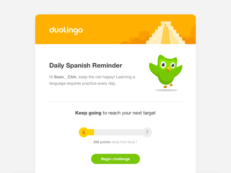 E-mail dotyczący ponownego zaangażowania w Duolingo