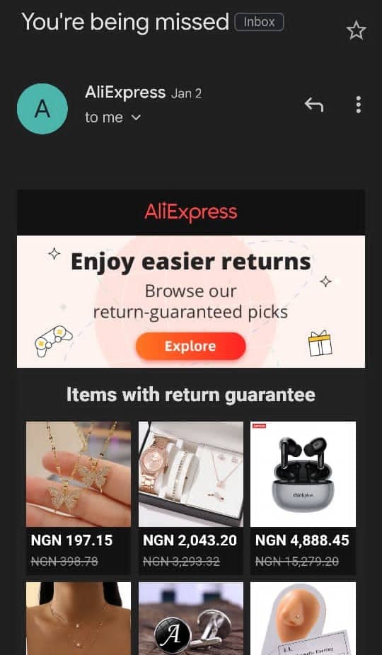 Campanha de e-mail de recuperação do AliExpress 1