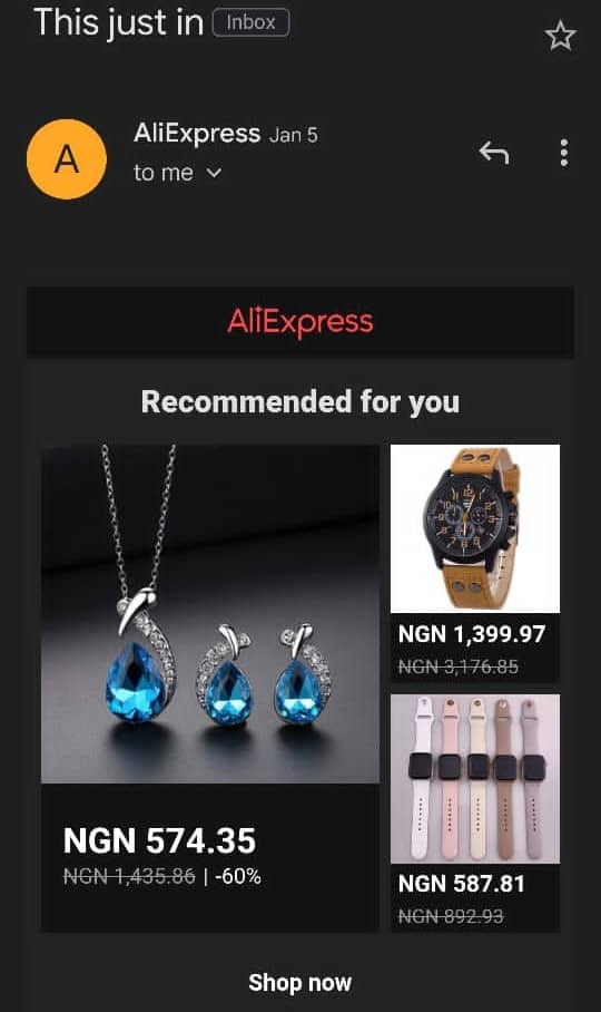 Campagna email drip di AliExpress