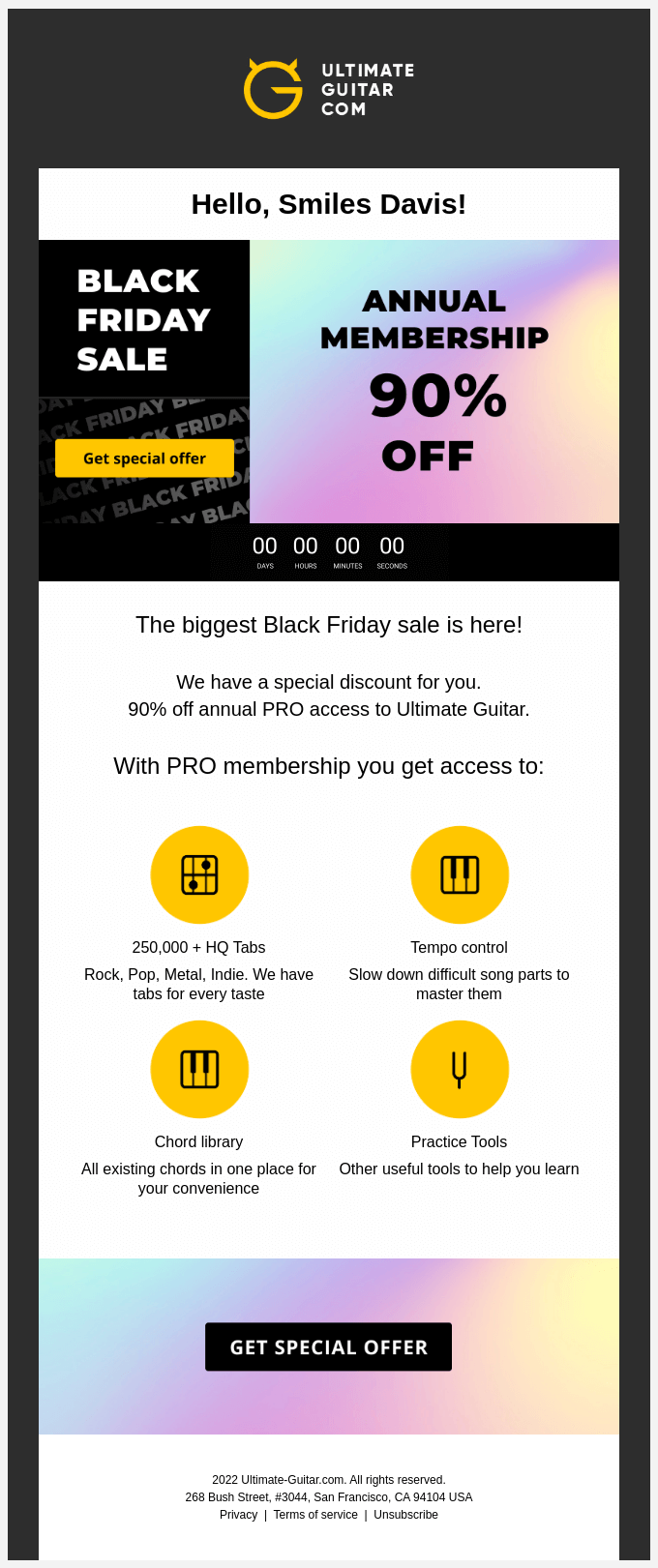 E-mail di marketing del Black Friday di Ultimate Guitar